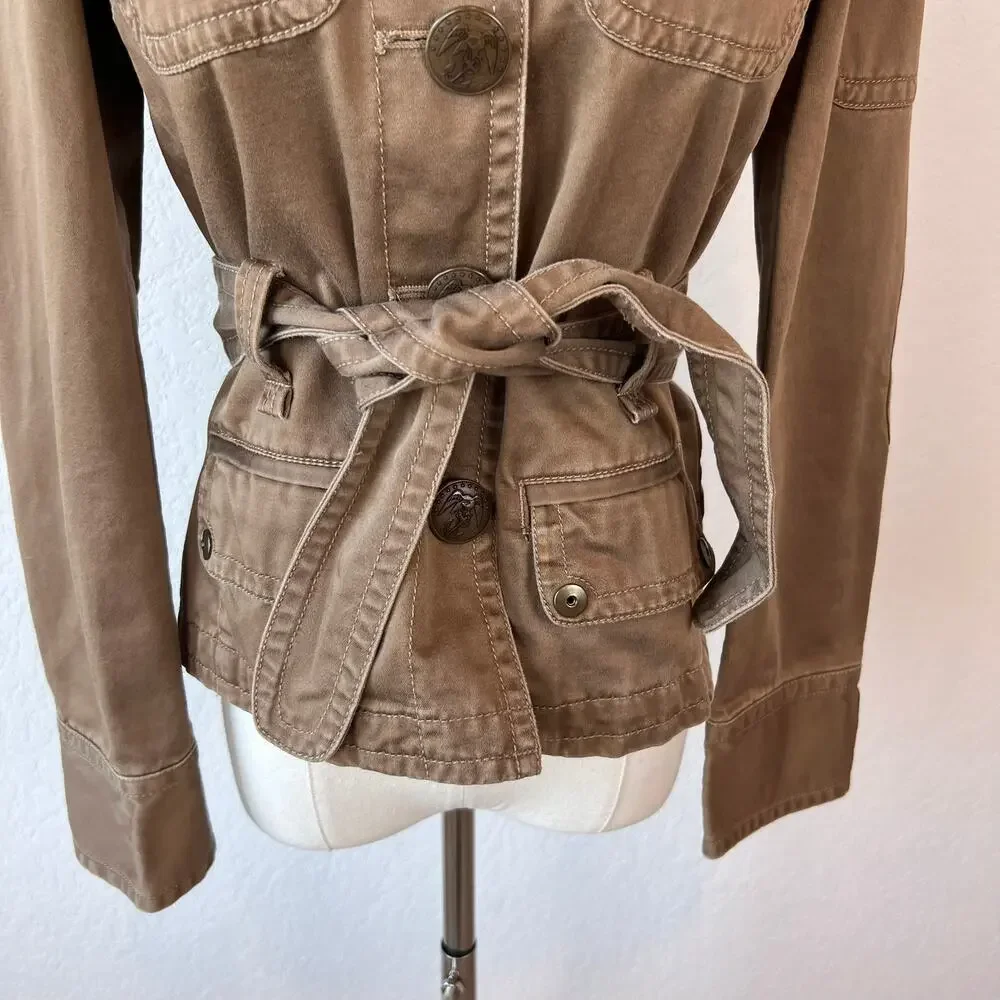 Vintage Y2K J Crew Military Utility Cargo Jacket size XS Cotton Belted Tan - Picture 12 of 14